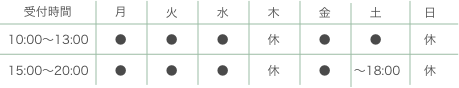 診療時間：月・火・水・金：10:00-13:00 / 15:00-20:00　土：10:00-13:00 / 15:00-18:00